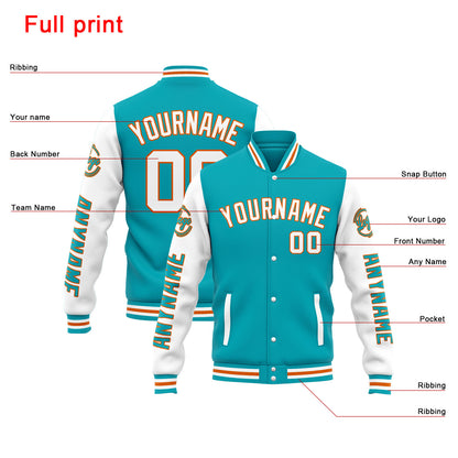 Benutzerdefinierte Varsity-Jacke. Letterman-Jacke für Männer, Frauen und Jugendliche Teal Weiß