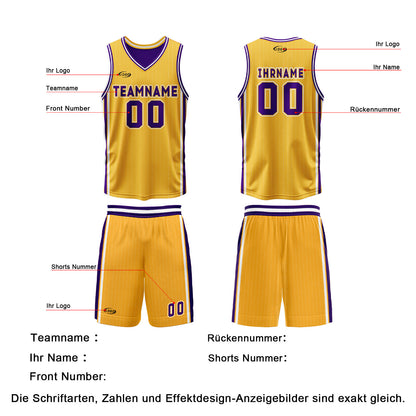 Benutzerdefinierte Gelb Lila Reversible Basketball Jersey Personalisierte Drucken Name Nummer Logo