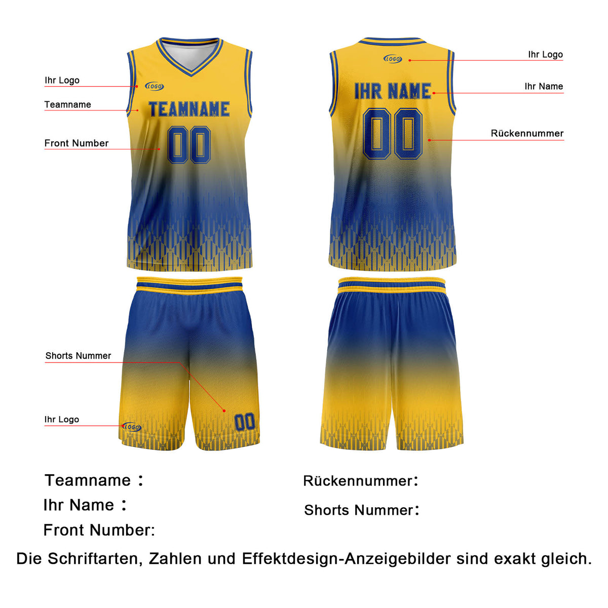 Benutzerdefinierter Gelb Blau Farbverlauf Basketball Jersey Uniform Anzug gedruckt Ihr Logo Name Nummer