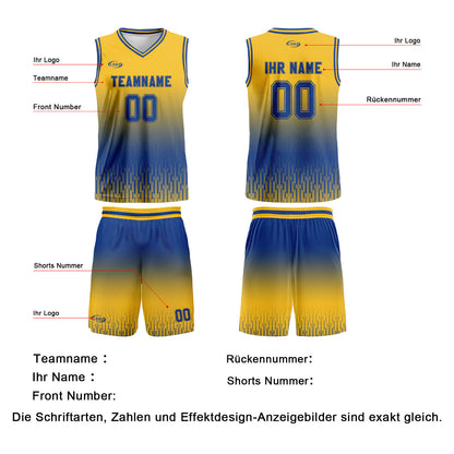 Benutzerdefinierter Gelb Blau Farbverlauf Basketball Jersey Uniform Anzug gedruckt Ihr Logo Name Nummer