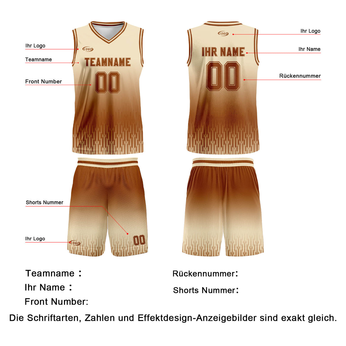 Benutzerdefinierter Beige Braun Farbverlauf Basketball Jersey Uniform Anzug gedruckt Ihr Logo Name Nummer