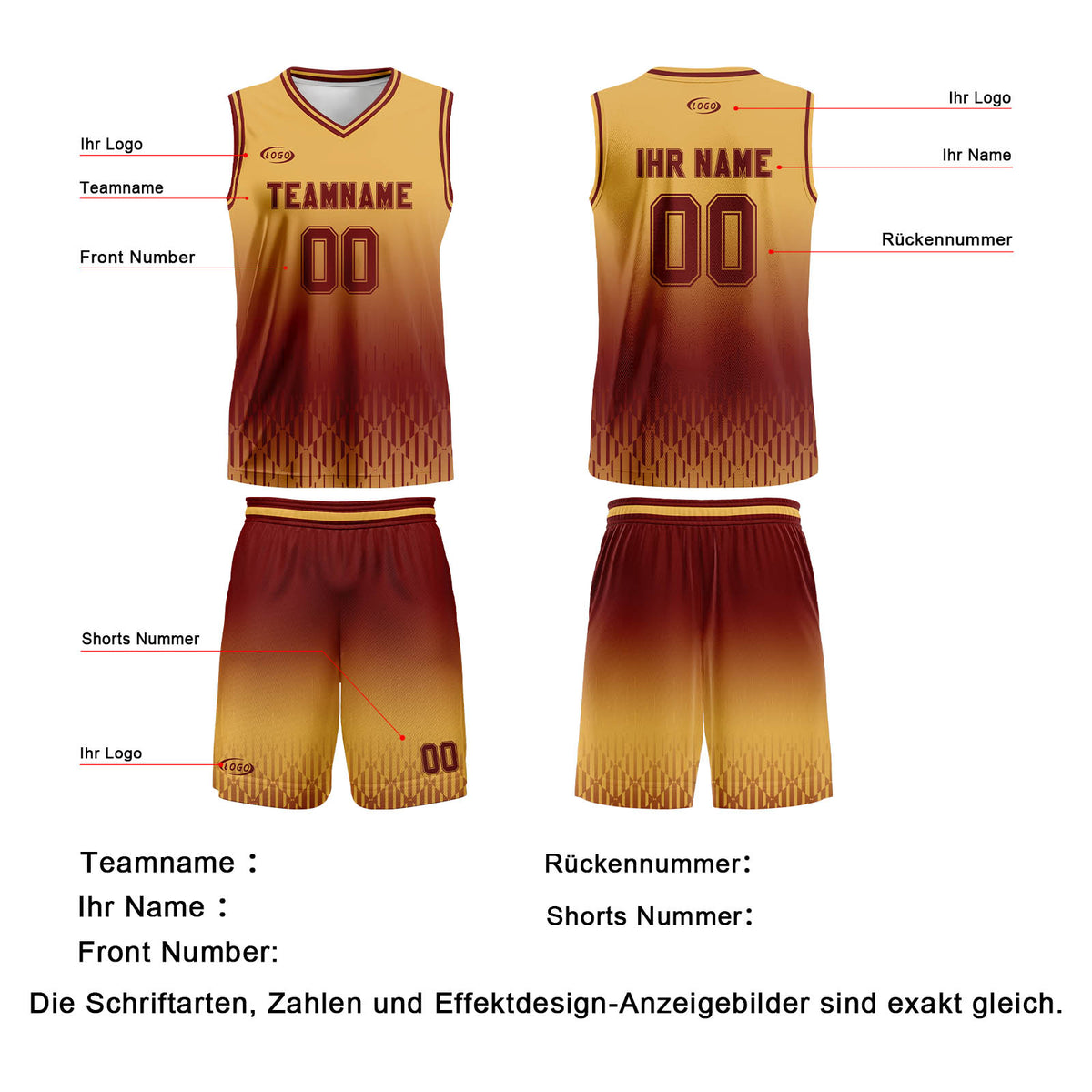 Benutzerdefinierter Braun Farbverlauf Basketball Jersey Uniform Anzug gedruckt Ihr Logo Name Nummer