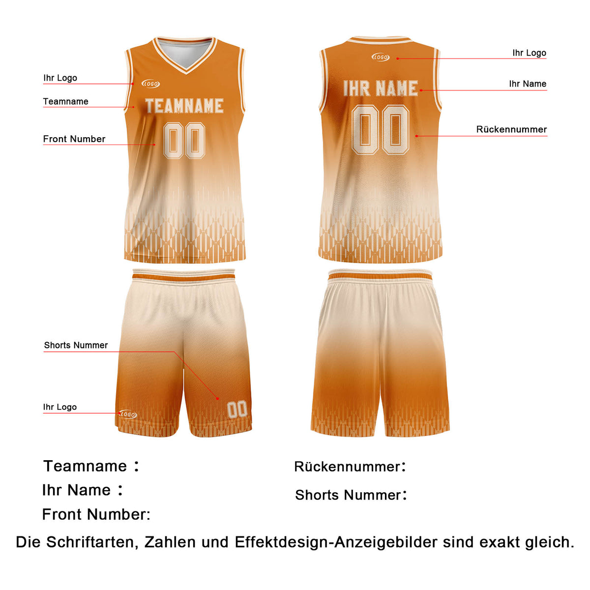 Benutzerdefinierter Orange Cremeweiß Farbverlauf Basketball Jersey Uniform Anzug gedruckt Ihr Logo Name Nummer