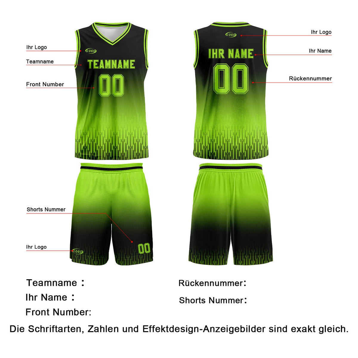 Benutzerdefinierter Schwarz Hellgrün Farbverlauf Basketball Jersey Uniform Anzug gedruckt Ihr Logo Name Nummer