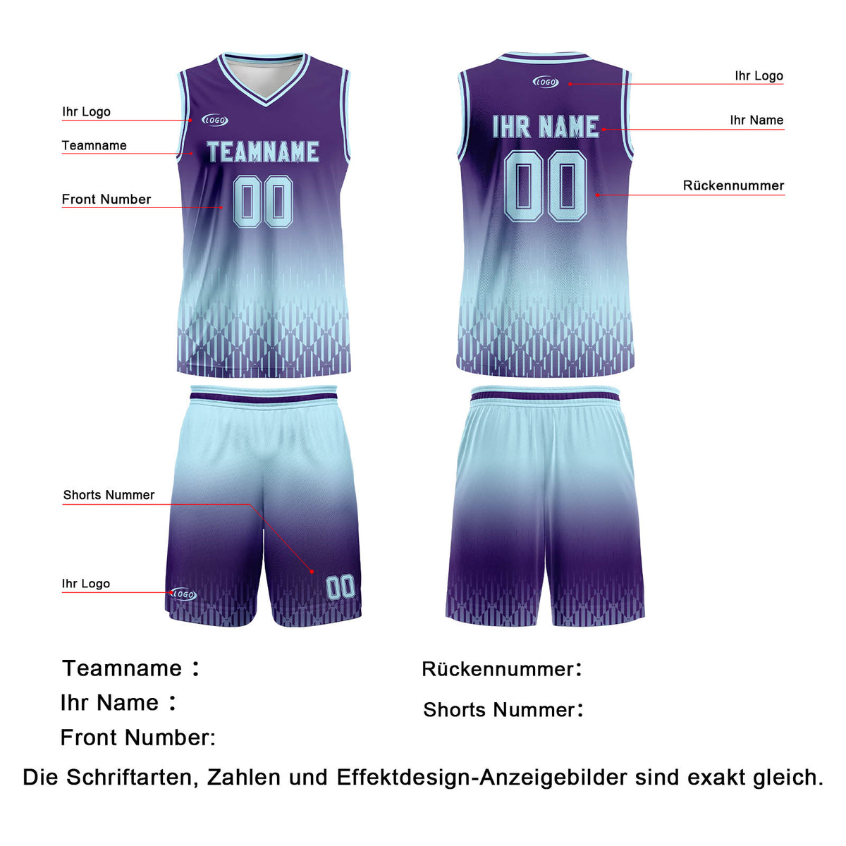 Benutzerdefinierter Lila Hellblau Farbverlauf Basketball Jersey Uniform Anzug gedruckt Ihr Logo Name Nummer