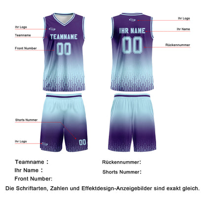 Benutzerdefinierter Lila Hellblau Farbverlauf Basketball Jersey Uniform Anzug gedruckt Ihr Logo Name Nummer