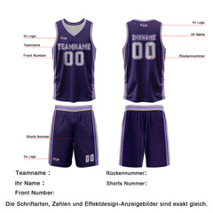 Benutzerdefinierte Lila Grau Reversible Basketball Jersey Personalisierte Drucken Name Nummer Logo