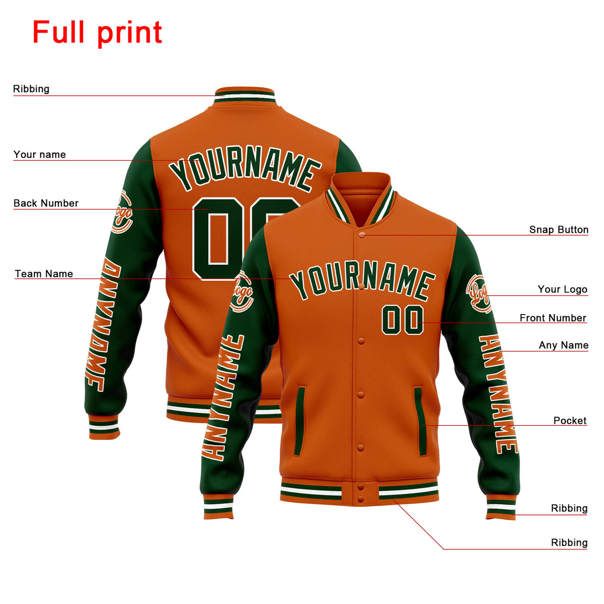 Benutzerdefinierte Varsity-Jacke. Letterman-Jacke für Männer, Frauen und Jugendliche Orange Dunkelgrün