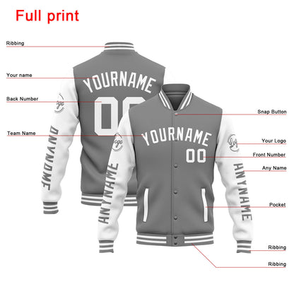 Benutzerdefinierte Varsity-Jacke. Letterman-Jacke für Männer, Frauen und Jugendliche Grau Weiß