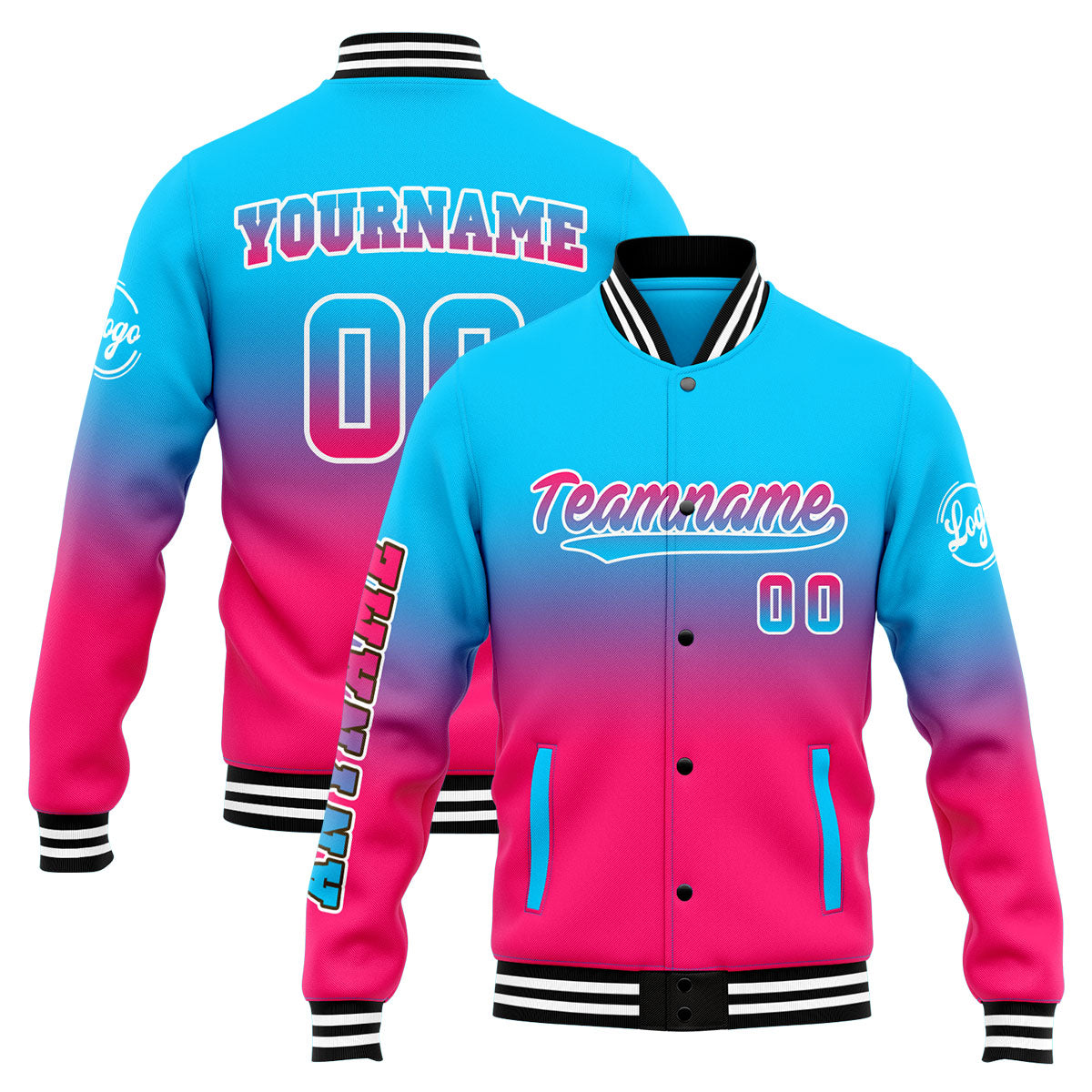 Benutzerdefinierte Verlauf Varsity-Jacke. Letterman-Jacke Hellblau Rosa
