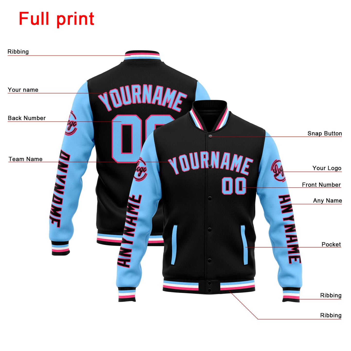 Benutzerdefinierte Varsity-Jacke. Letterman-Jacke für Männer, Frauen und Jugendliche Schwarz Hellblau