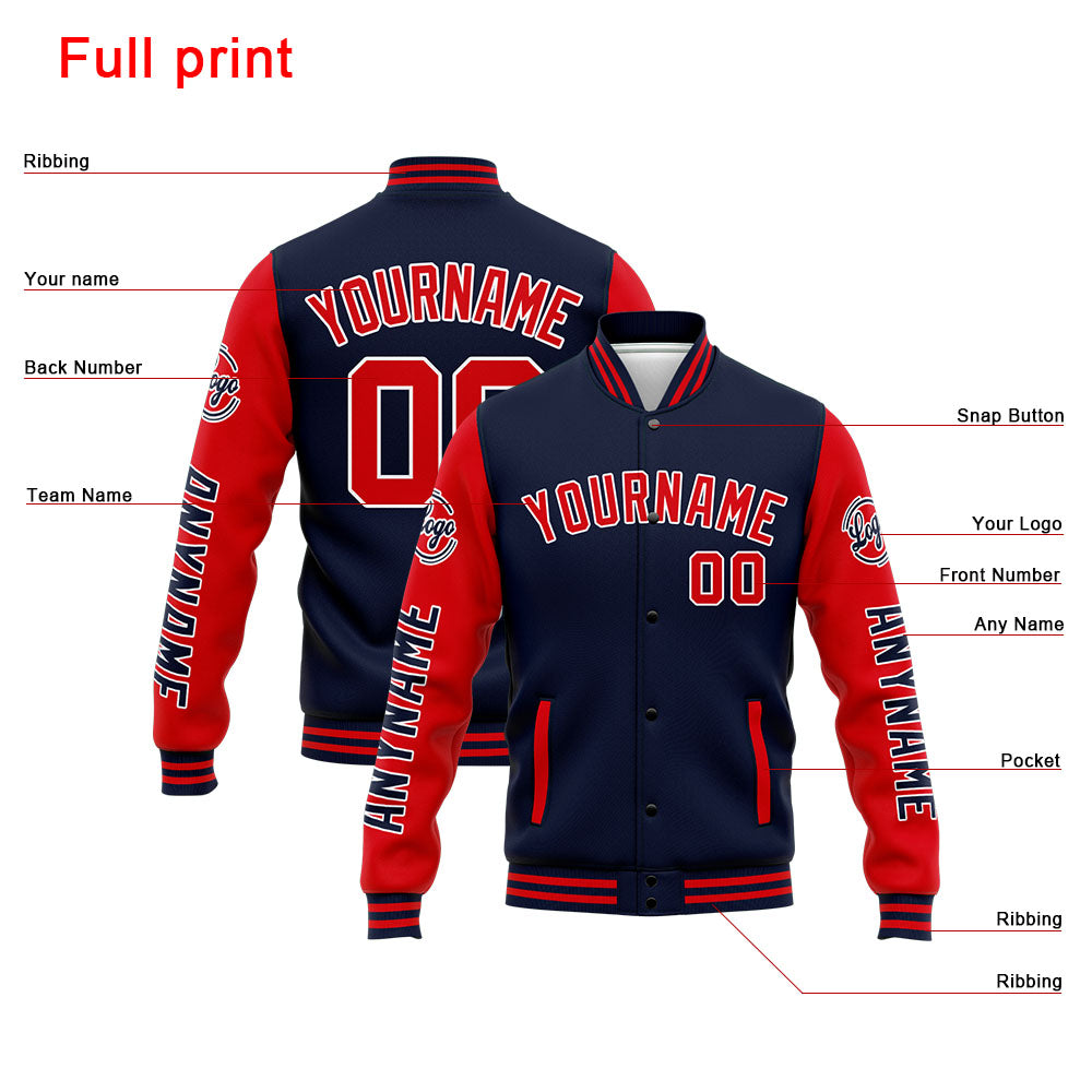 Benutzerdefinierte Varsity-Jacke. Letterman-Jacke für Männer, Frauen und Jugendliche Marine Rot