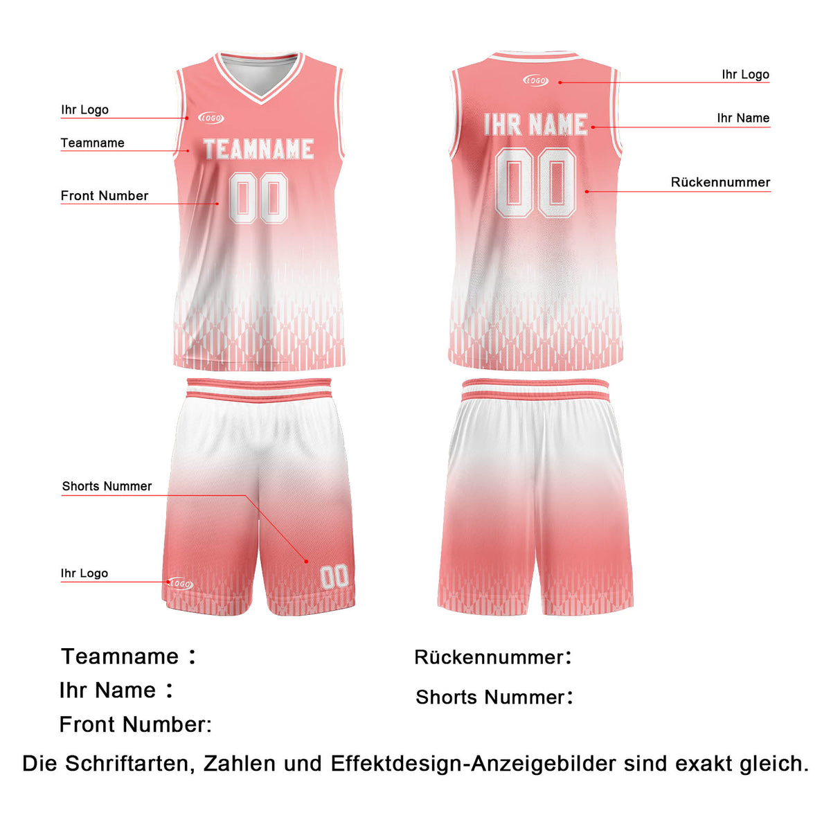 Benutzerdefinierter Rosa Weiß Farbverlauf Basketball Jersey Uniform Anzug gedruckt Ihr Logo Name Nummer
