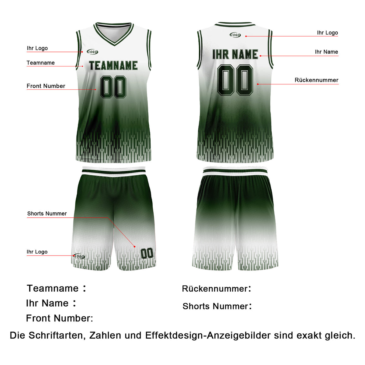 Benutzerdefinierter Weiß Grün Farbverlauf Basketball Jersey Uniform Anzug gedruckt Ihr Logo Name Nummer