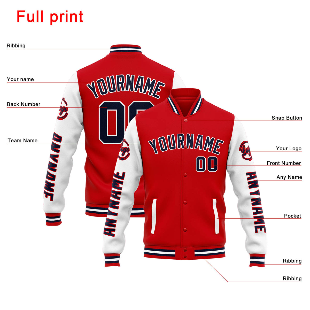 Benutzerdefinierte Varsity-Jacke. Letterman-Jacke für Männer, Frauen und Jugendliche Rot Weiß