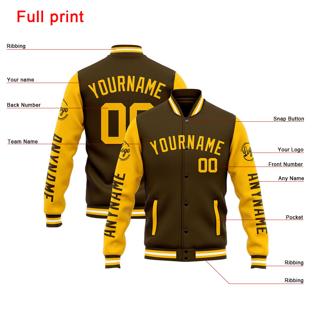 Benutzerdefinierte Varsity-Jacke. Letterman-Jacke für Männer, Frauen und Jugendliche Braun Gelb