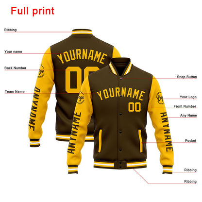 Benutzerdefinierte Varsity-Jacke. Letterman-Jacke für Männer, Frauen und Jugendliche Braun Gelb