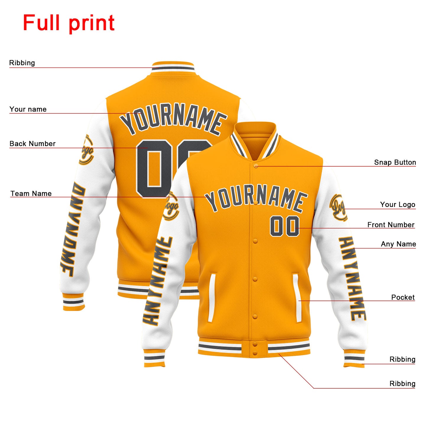 Benutzerdefinierte Varsity-Jacke. Letterman-Jacke für Männer, Frauen und Jugendliche Gelb Weiß