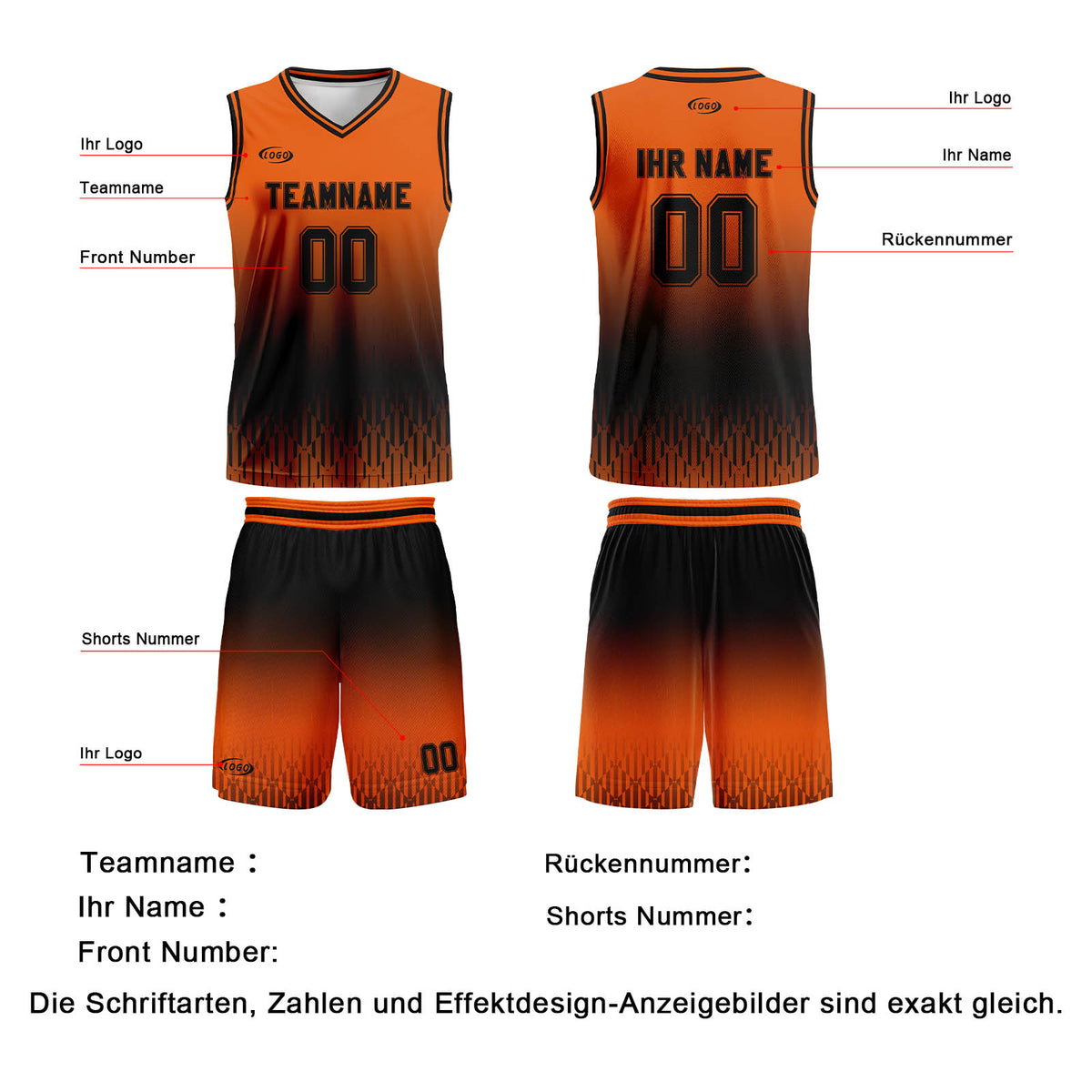 Benutzerdefinierter Orange Schwarz Farbverlauf Basketball Jersey Uniform Anzug gedruckt Ihr Logo Name Nummer