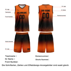 Benutzerdefinierter Orange Schwarz Farbverlauf Basketball Jersey Uniform Anzug gedruckt Ihr Logo Name Nummer