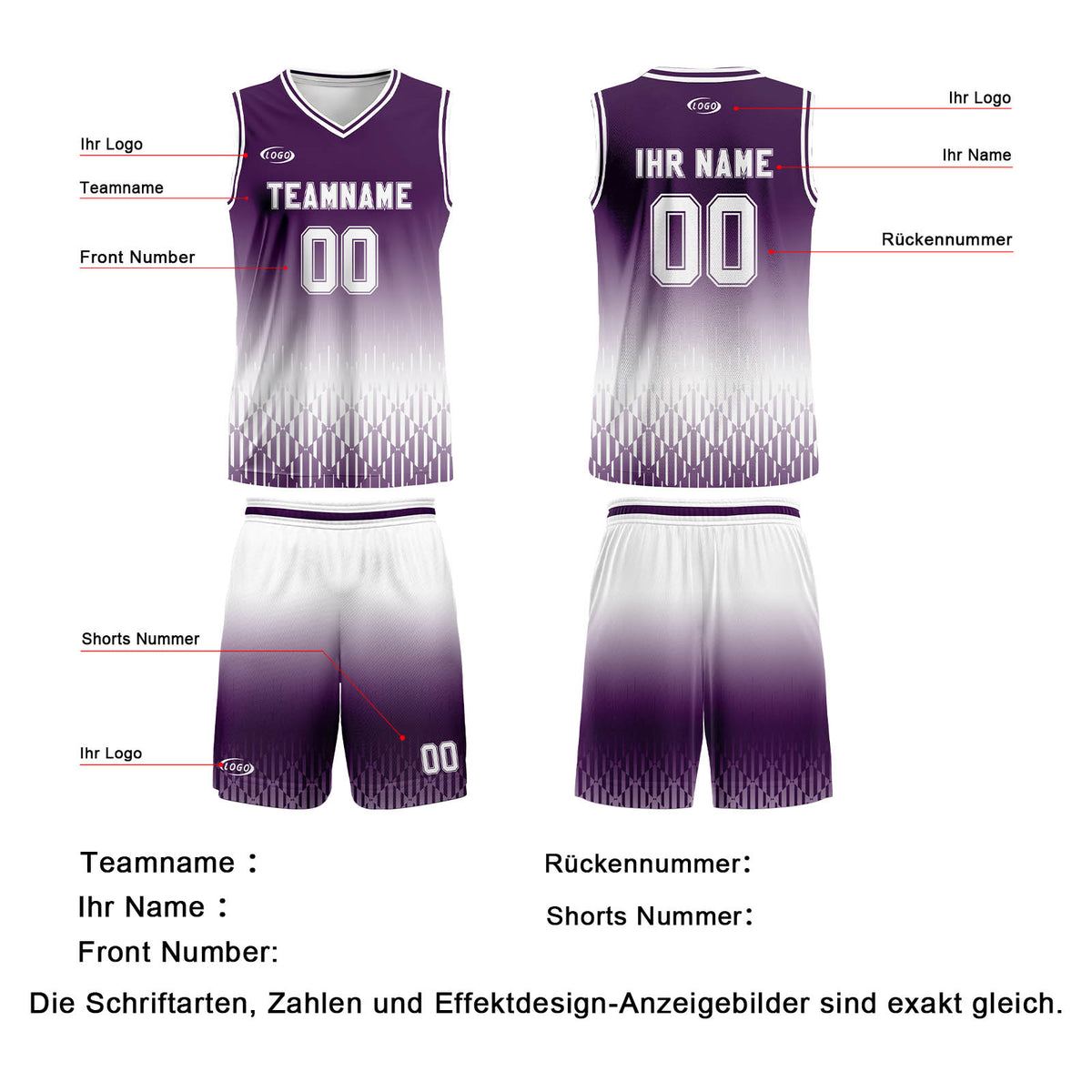 Benutzerdefinierter Lila Weiß Farbverlauf Basketball Jersey Uniform Anzug gedruckt Ihr Logo Name Nummer