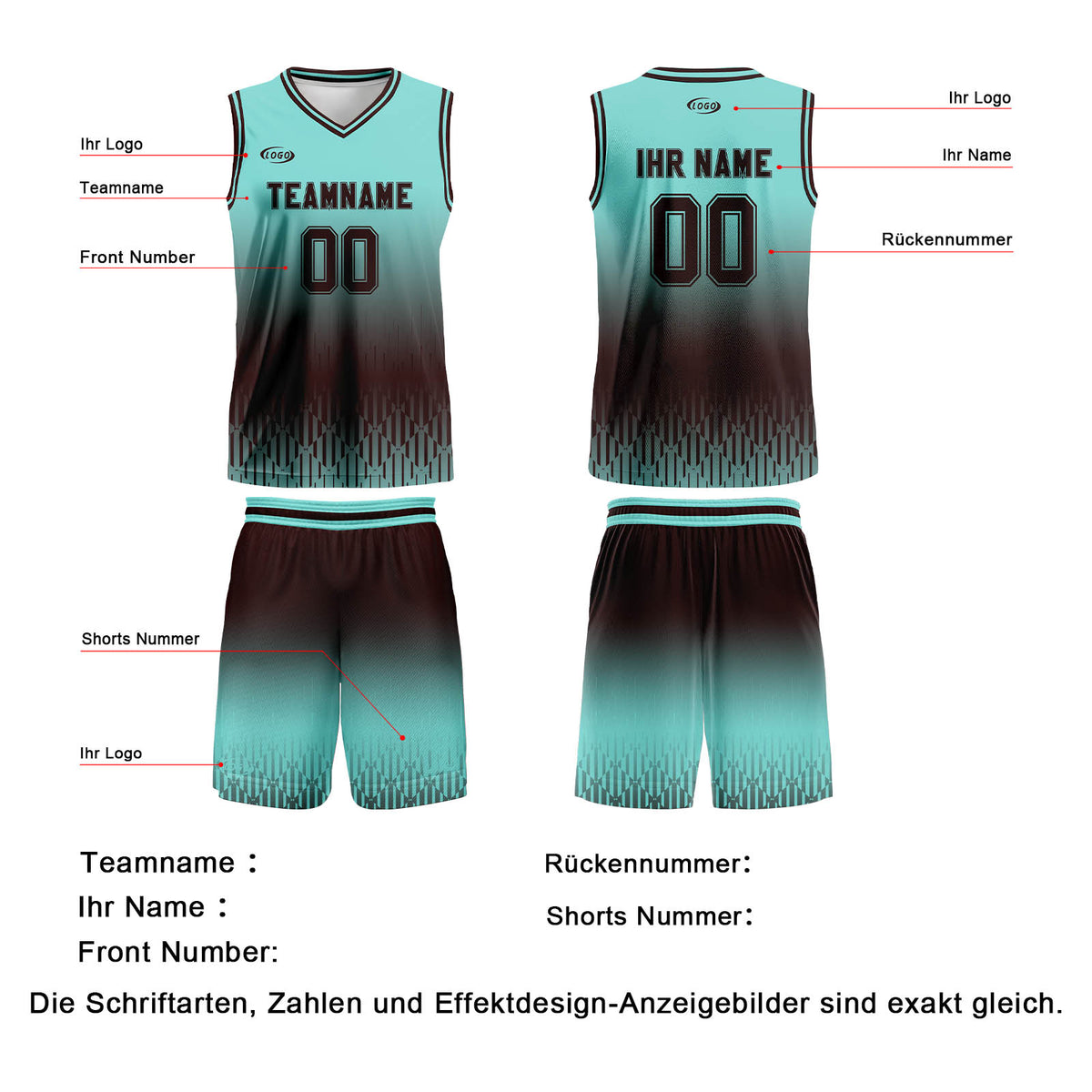 Benutzerdefinierter Cyan Dunkelbraun Farbverlauf Basketball Jersey Uniform Anzug gedruckt Ihr Logo Name Nummer