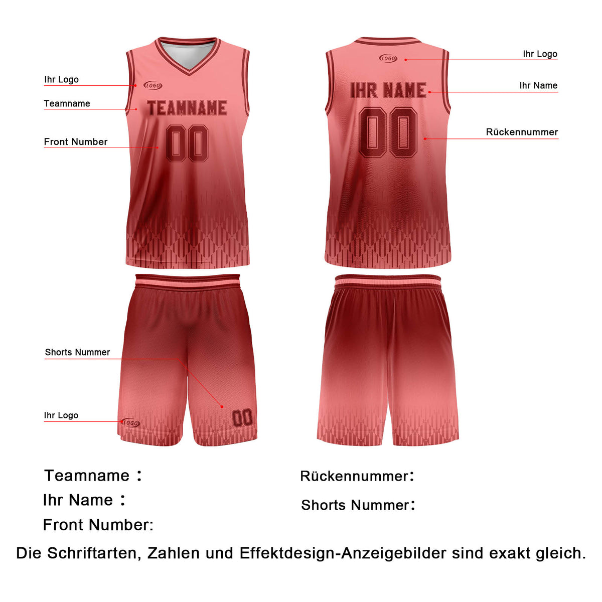Benutzerdefinierter Rosa Rot Farbverlauf Basketball Jersey Uniform Anzug gedruckt Ihr Logo Name Nummer
