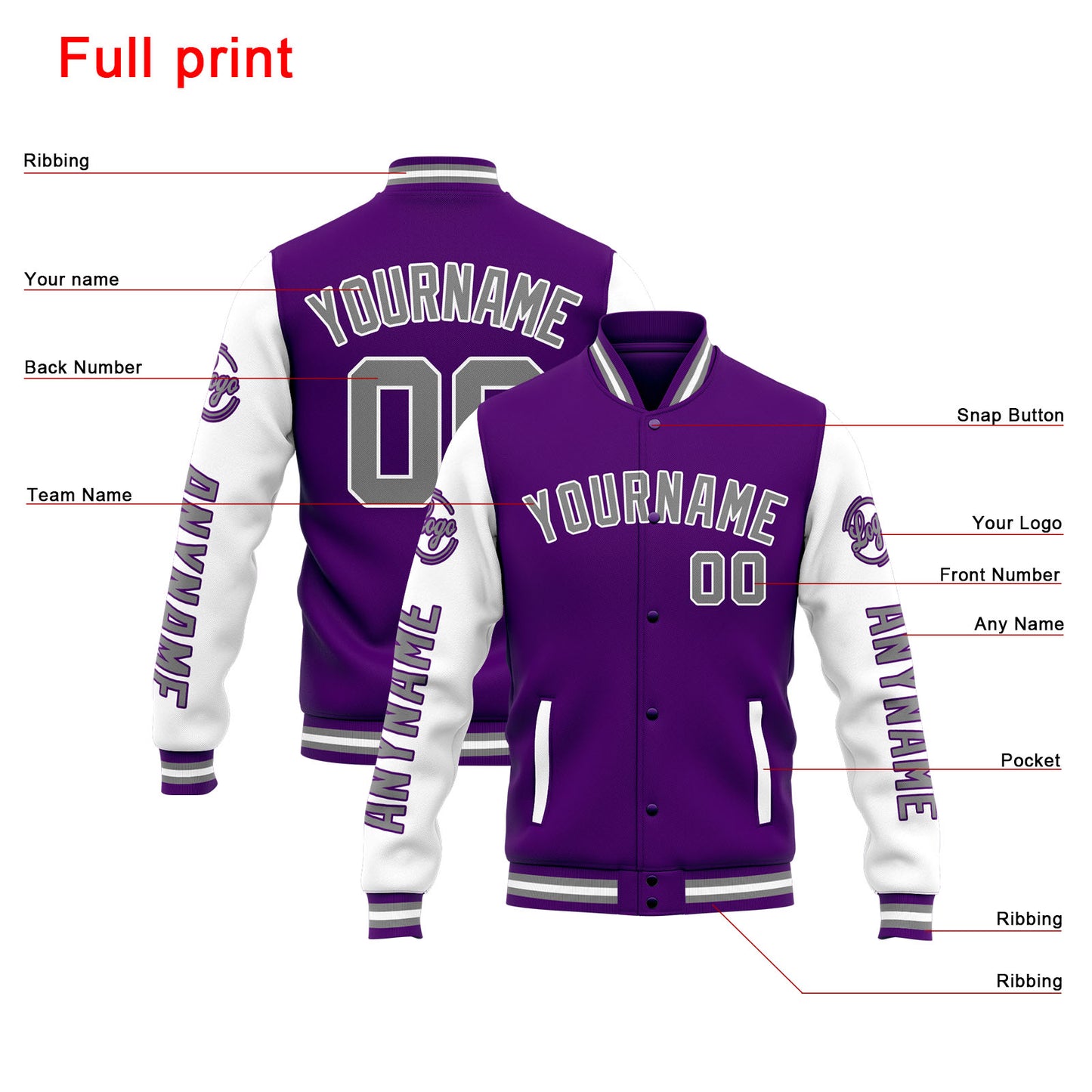 Benutzerdefinierte Varsity-Jacke. Letterman-Jacke für Männer, Frauen und Jugendliche Lila Weiß