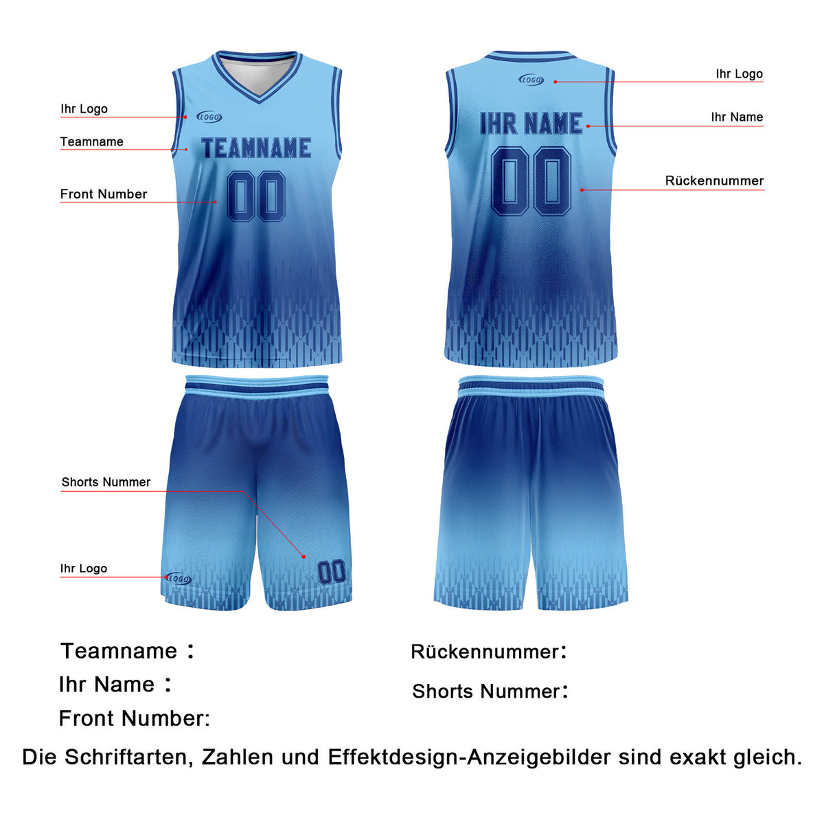 Benutzerdefinierter Blau Dunkelblau Farbverlauf Basketball Jersey Uniform Anzug gedruckt Ihr Logo Name Nummer