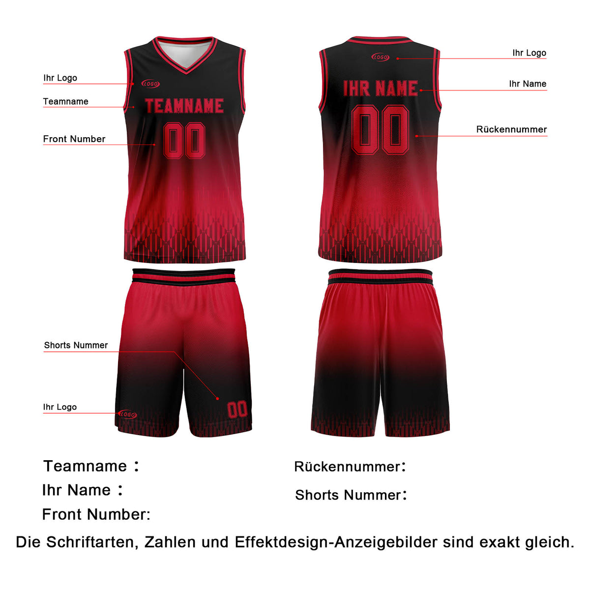 Benutzerdefinierter Schwarz Rot Farbverlauf Basketball Jersey Uniform Anzug gedruckt Ihr Logo Name Nummer