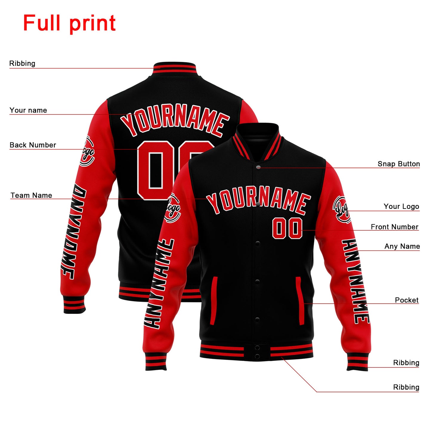 Benutzerdefinierte Varsity-Jacke. Letterman-Jacke für Männer, Frauen und Jugendliche Schwarz Rot