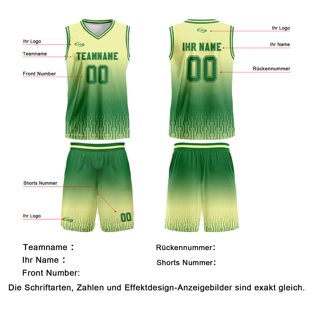 Benutzerdefinierter Gelb Grün Farbverlauf Basketball Jersey Uniform Anzug gedruckt Ihr Logo Name Nummer
