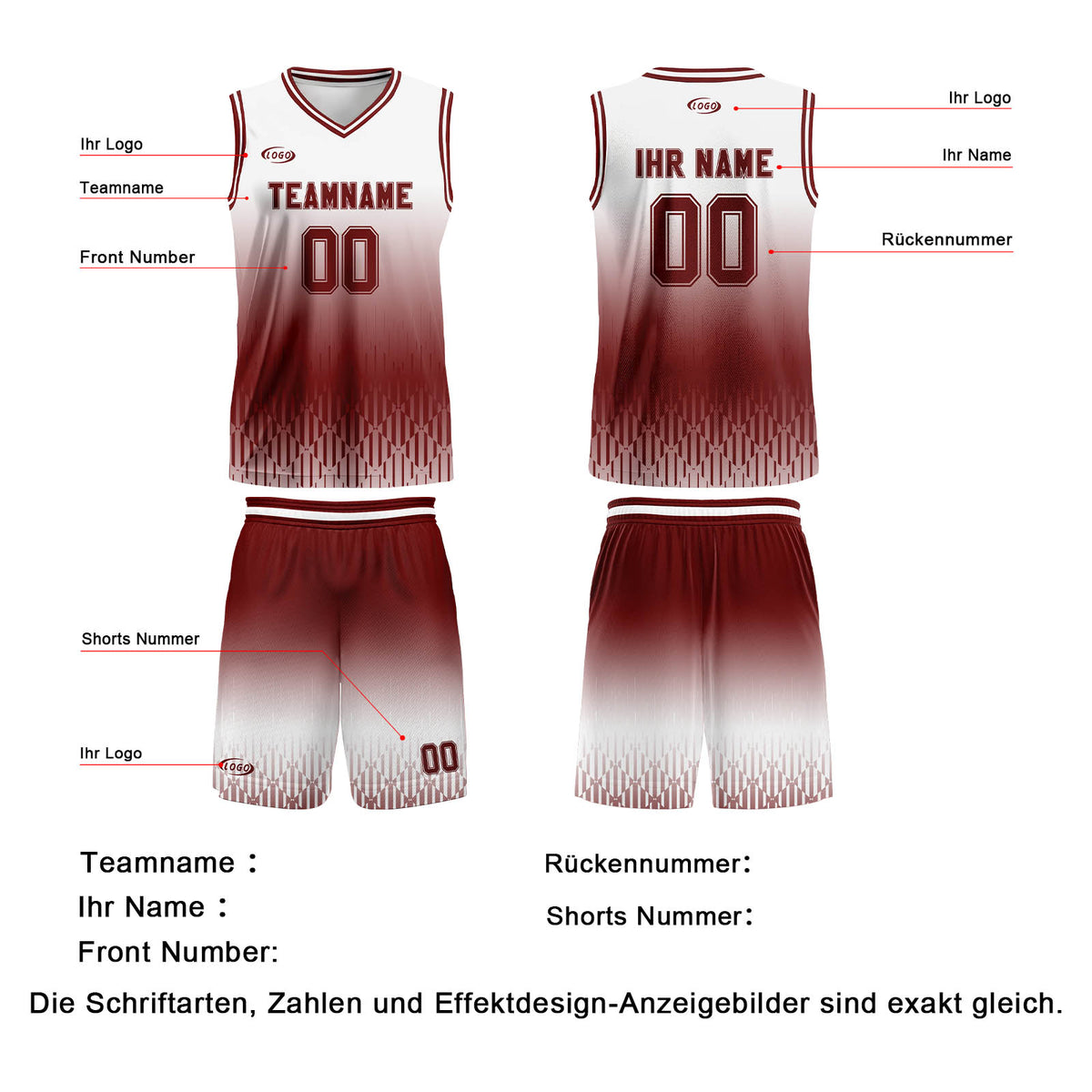 Benutzerdefinierter Weiß Rot Braun Farbverlauf Basketball Jersey Uniform Anzug gedruckt Ihr Logo Name Nummer