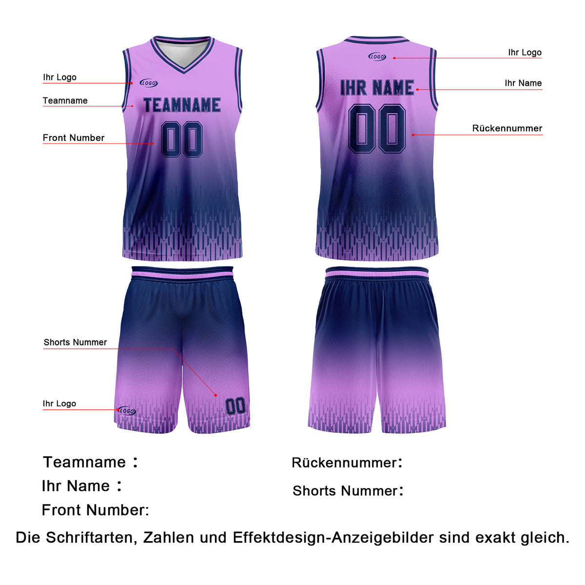 Benutzerdefinierter Helllila Dunkelblau Farbverlauf Basketball Jersey Uniform Anzug gedruckt Ihr Logo Name Nummer