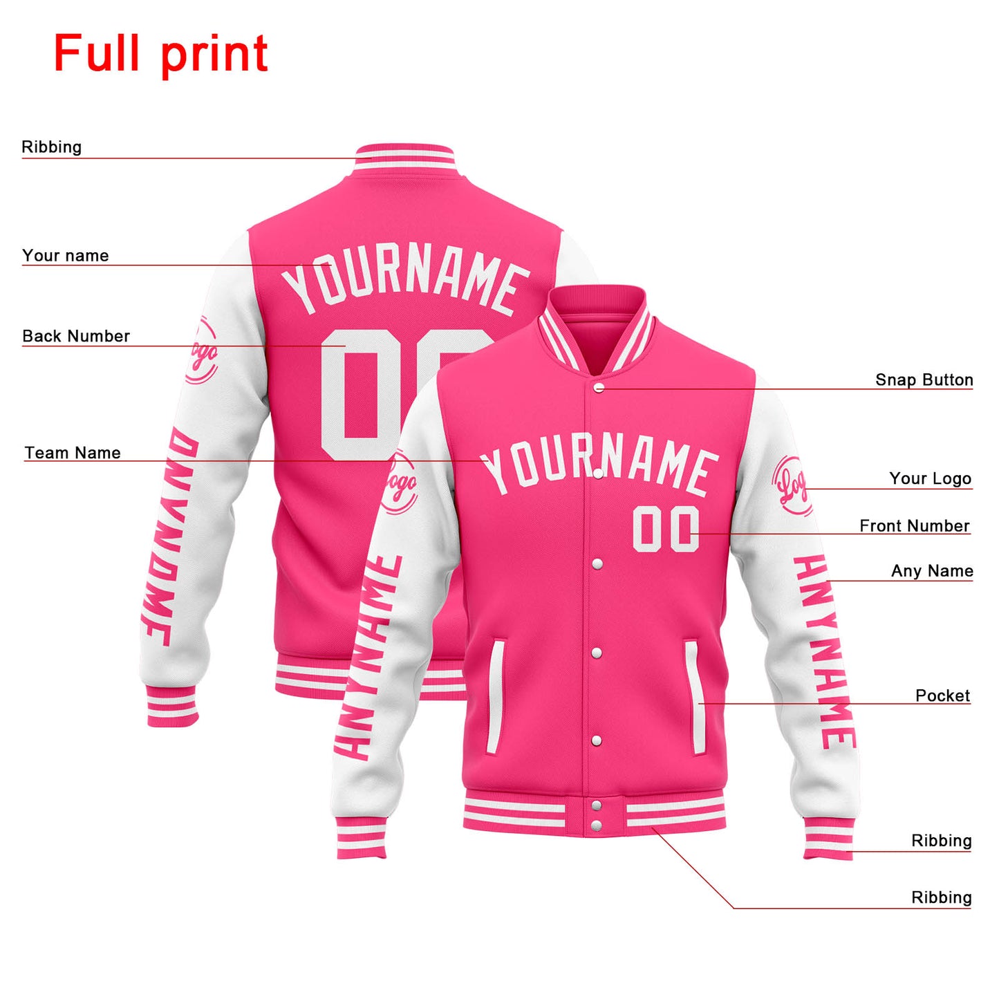 Benutzerdefinierte Varsity-Jacke. Letterman-Jacke für Männer, Frauen und Jugendliche Rosa Weiß