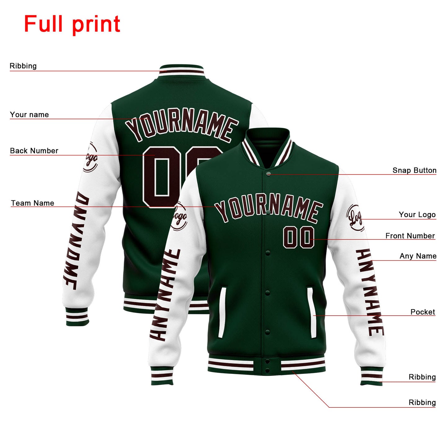 Benutzerdefinierte Varsity-Jacke. Letterman-Jacke für Männer, Frauen und Jugendliche Grün Weiß