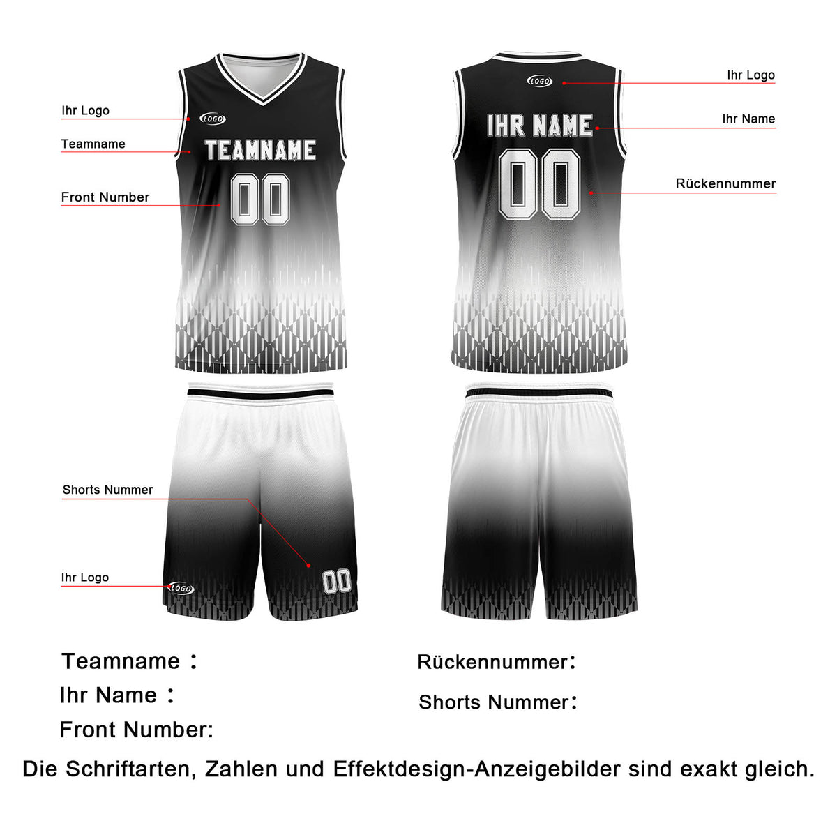 Benutzerdefinierter Schwarz Weiß Farbverlauf Basketball Jersey Uniform Anzug gedruckt Ihr Logo Name Nummer