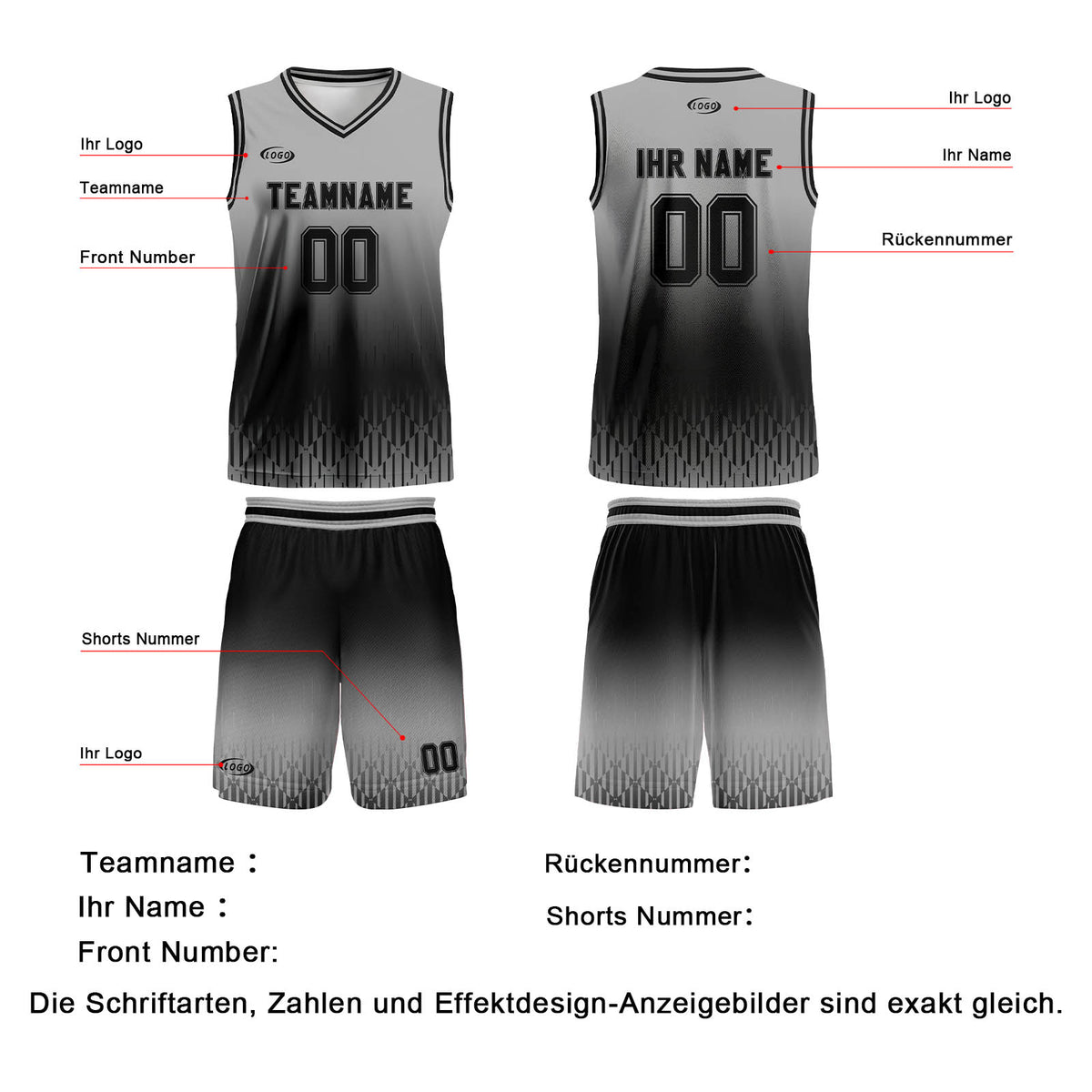 Benutzerdefinierter Grau Schwarz Farbverlauf Basketball Jersey Uniform Anzug gedruckt Ihr Logo Name Nummer