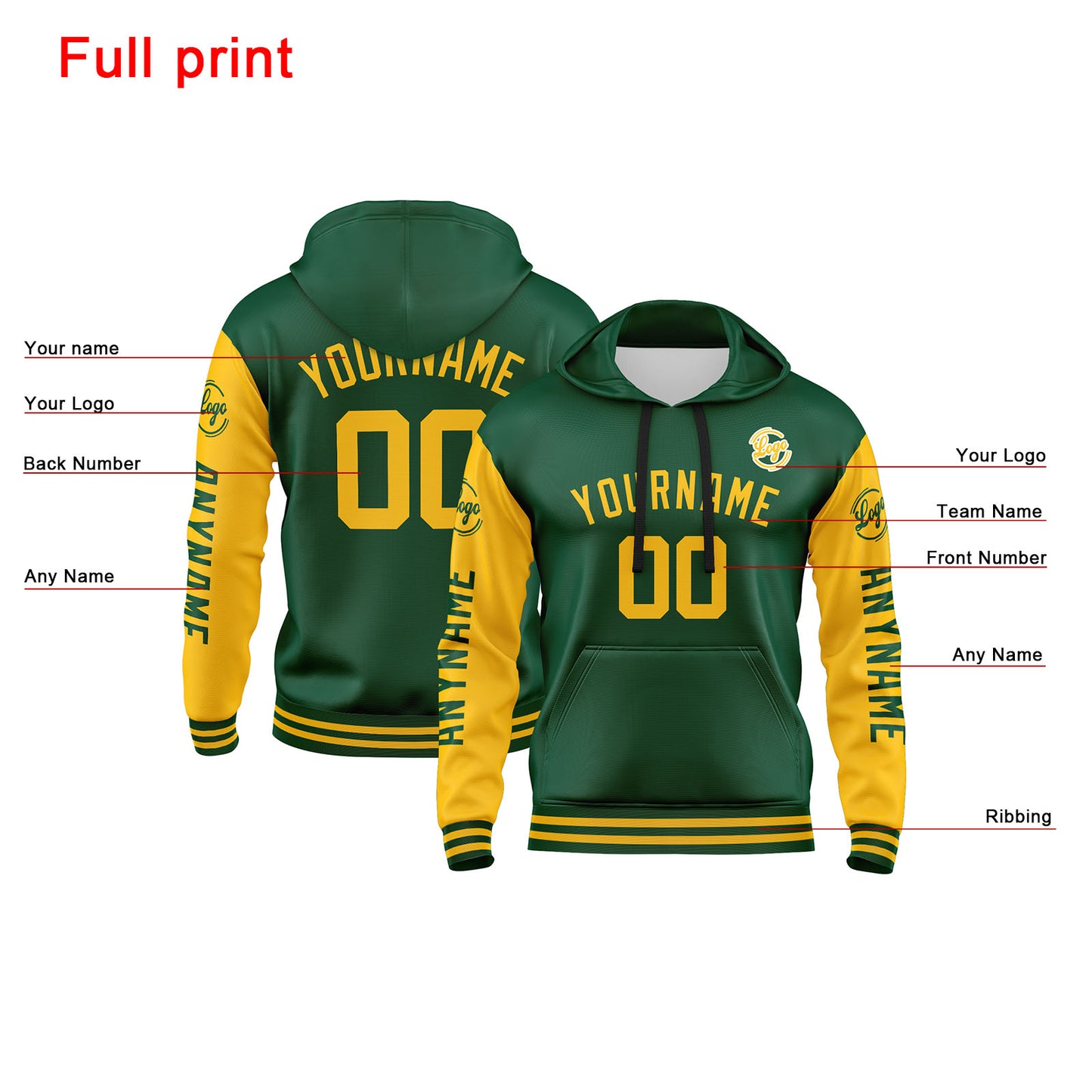 Benutzerdefiniert Grün Gelb Hoodie Personalisiert Männer Pullover Hoodie Gedruckt Team Name Number Logo für Frauen