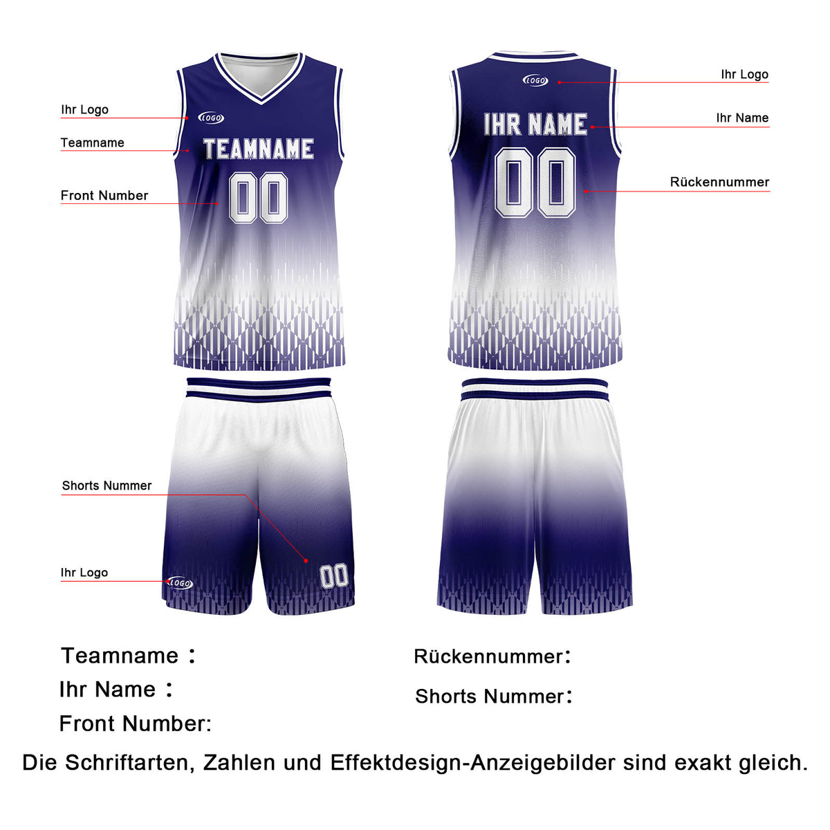 Benutzerdefinierter Blau Weiß Farbverlauf Basketball Jersey Uniform Anzug gedruckt Ihr Logo Name Nummer