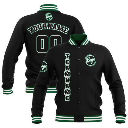Benutzerdefiniert Schwarz Weiß Grün Wasserdichte Varsity Jacken Personalisiert genäht Name Nummer Logo zu Letterman Jacken