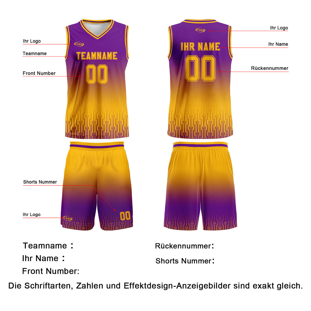 Benutzerdefinierter Lila Gelb Farbverlauf Basketball Jersey Uniform Anzug gedruckt Ihr Logo Name Nummer