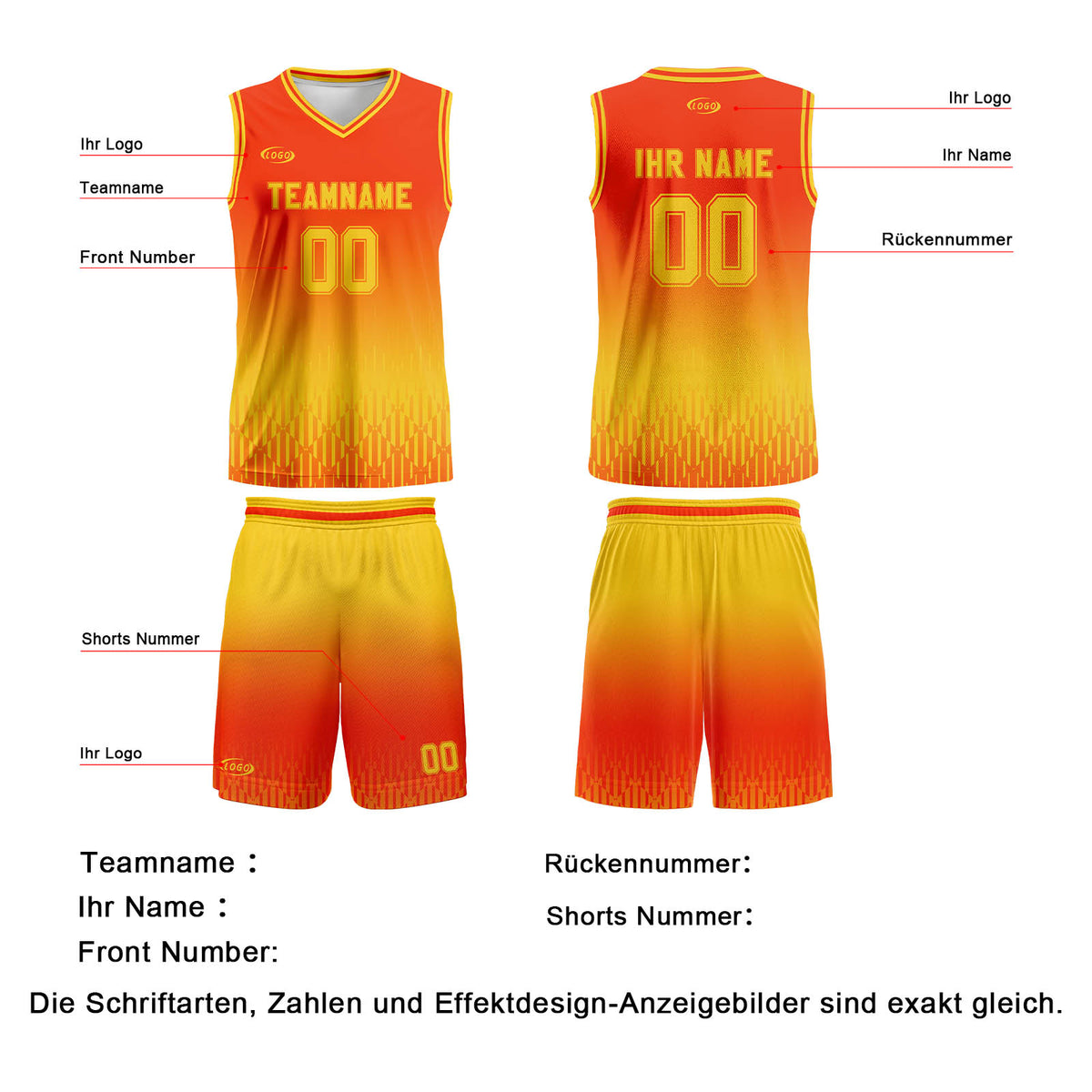 Benutzerdefinierter Orange Gelb Farbverlauf Basketball Jersey Uniform Anzug gedruckt Ihr Logo Name Nummer