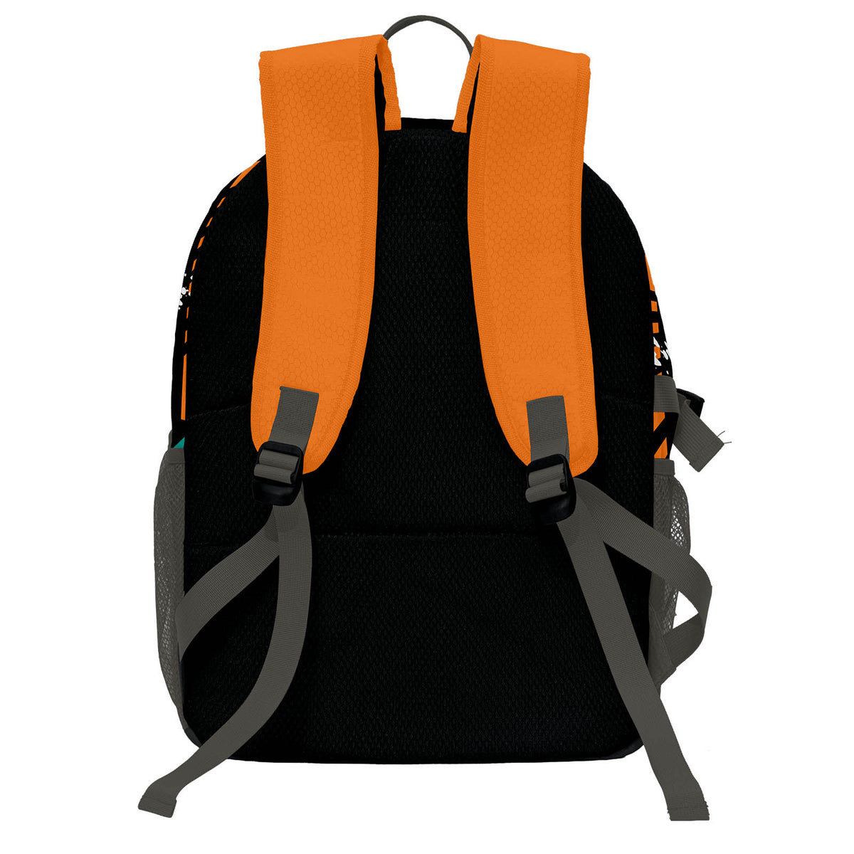 Personalisierter Basketball - und Fußballrucksack in Orange & Schwarz und Cyan mit Spielernamen & Nummern und Teamlogo #BP-0919-0024