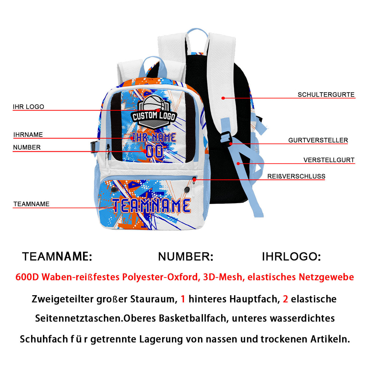 Personalisierter Basketball - und Fußballrucksack in Orange & Blau und Weiß mit Spielernamen & Nummern und Teamlogo #BP-0919-0025