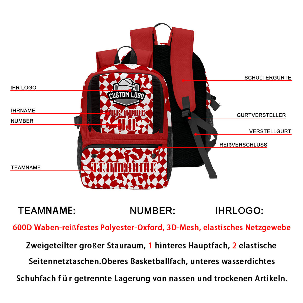 Personalisierter rot - weißer Basketball - Fußballrucksack mit Spielernamen & Nummern und Teamlogo #BP-0919-0033