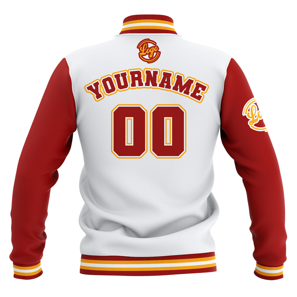 Benutzerdefiniert Weiß Rot Gelb Wasserdichte Varsity Jacken Personalisiert genäht Name Nummer Logo zu Letterman Jacken