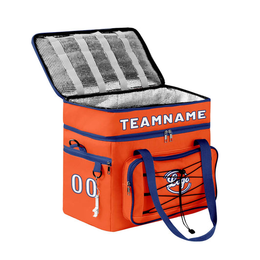 Maßgeschickerte Orange Dunkelblau vollflächig bedruckte isolierte Kühltasche mit Doppelwand Wasserdichte 600D Oxford Picknick-Tragetasche für Teamevents & Outdoor-Grillen