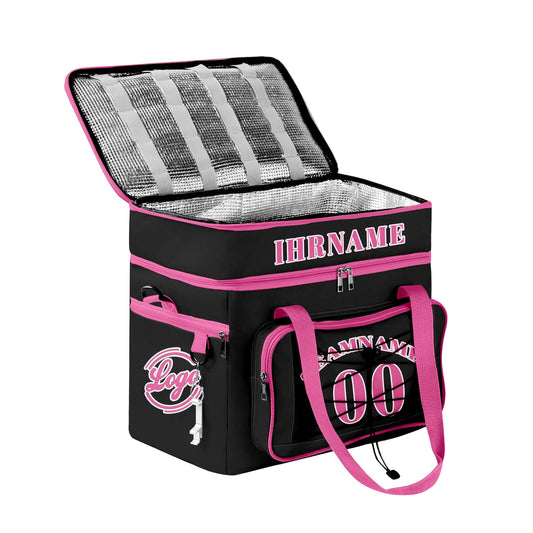 Maßgeschickerte Schwarz Rosa vollflächig bedruckte isolierte Kühltasche mit Doppelwand Wasserdichte 600D Oxford Picknick-Tragetasche für Teamevents & Outdoor-Grillen