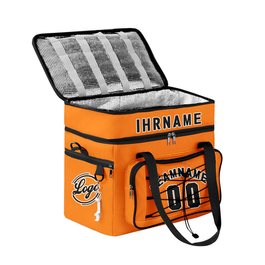 Maßgeschickerte Orange Schwarz vollflächig bedruckte isolierte Kühltasche mit Doppelwand Wasserdichte 600D Oxford Picknick-Tragetasche für Teamevents & Outdoor-Grillen